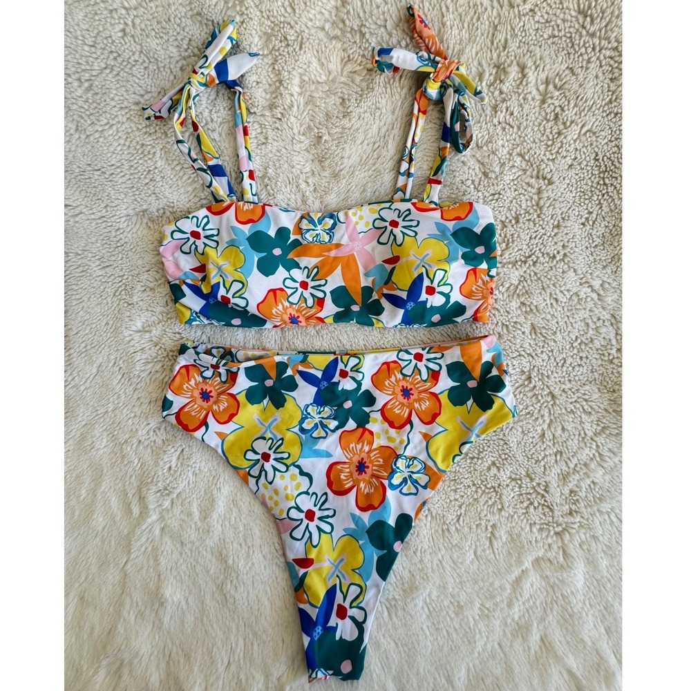 Floral High Waisted Bikini Set Tie Shoulder Bandeau Two Piece Swimsuit‎ L